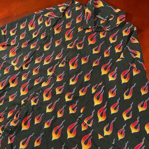 VTG Mens No Boundaries Flame Button Down Biker Y2K Bowling Shirt (XXLarge)